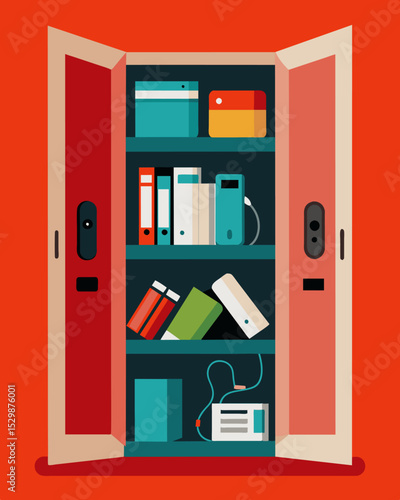 A closet filled with outdated cell phones chargers and other accessories long forgotten and rep by newer models.. Vector illustration