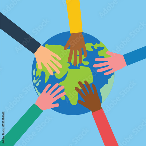 Hands of diverse people on globe. Team of multicultural persons cooperating together. Teamwork, support, partnership, trust concept