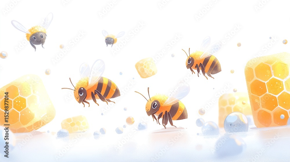 Soft Yellow Gradient Illustration of Cute Bees Flying Around Honeycomb Soft Yellow Gradient Illustration of Cute Bees Flying Around Honeycomb
