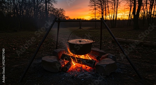 A cooking pot hangs over a blazing fire pit at dusk with a vibrant sunset in the background