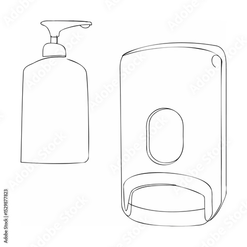 Outlined drawings of soap dispensers and hand sanitizer dispenser for bathroom hygiene