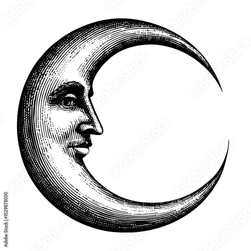 Anthropomorphic crescent moon with a face in a vintage woodcut style in black and white