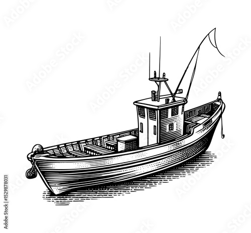 Fishing trawler boat in a vintage woodcut style in black and white