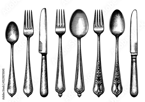 Forks, spoons, knives. Antique silverware set in black and white tones