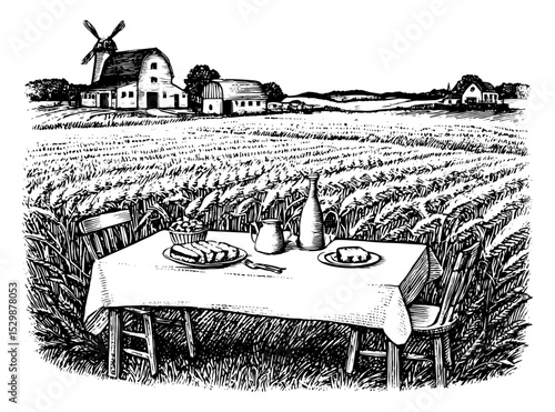 Vintage woodblock style picnic scene in a wheat field.