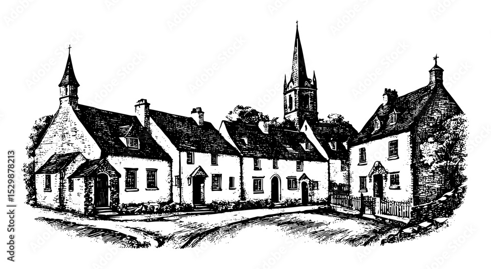 Obraz premium Old-world European street in a vintage woodblock style, black and white.