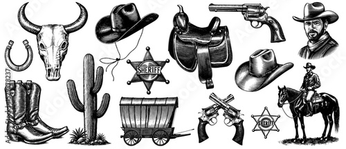 Classic Western illustration set in a vintage woodcut style, black and white