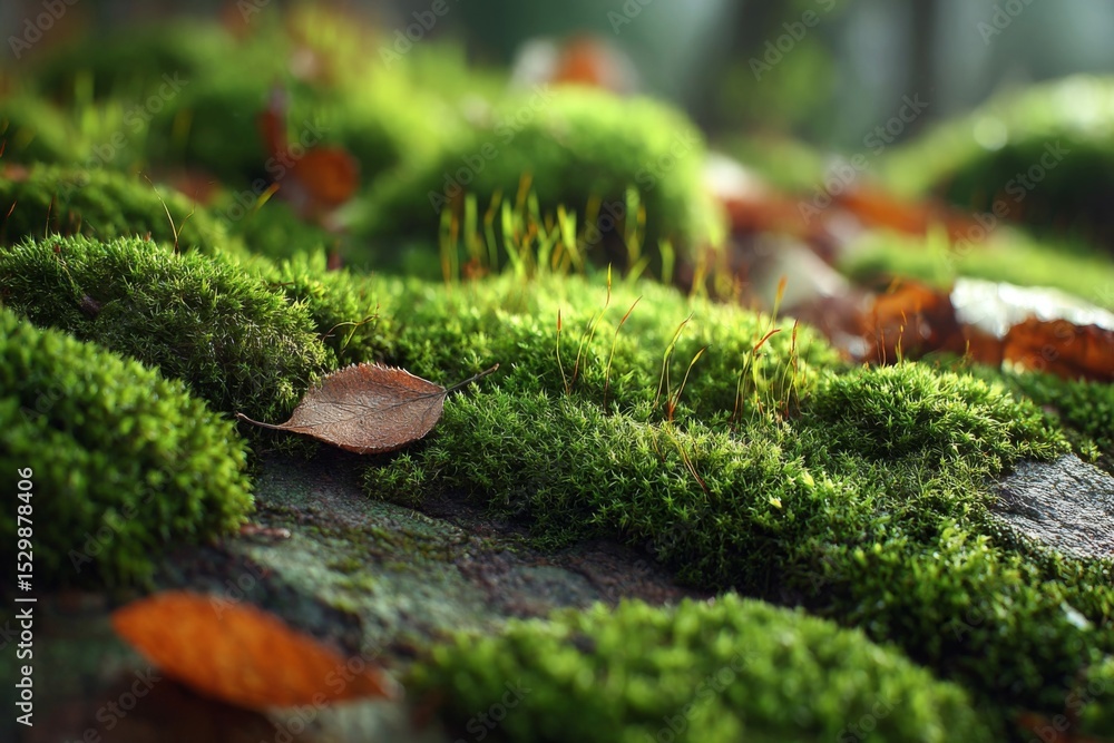 Obraz premium Lush Green Moss With Autumn Leaves Close Up