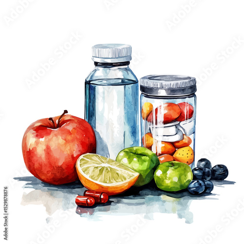 watercolor vector of Health  Wellness Gadgets, isolated on a white background.