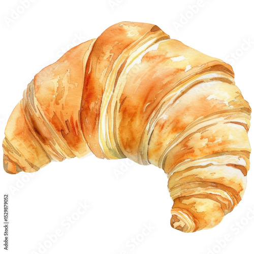Traditional French croissant in watercolor style, crispy layered pastry, illustration isolated on white background