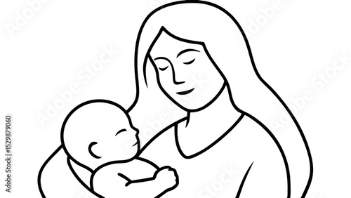Mother holding baby, simple line art, nurturing love, maternal bond illustration
