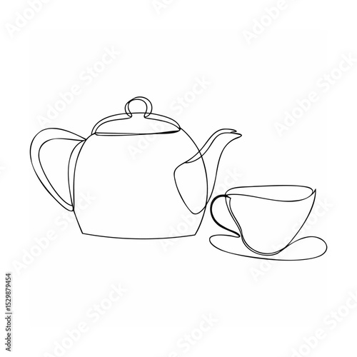 Simple minimalist line drawing of teapot and teacup illustrating coffee or tea culture