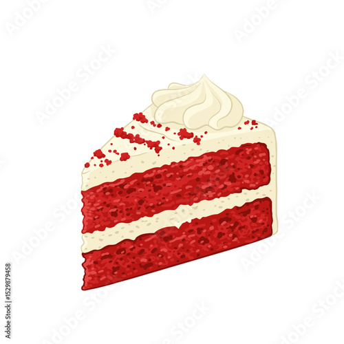 Illustration of Slice of red velvet cake with white frosting