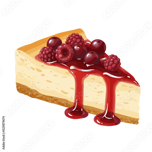 Illustration of Piece of cheesecake with red fruit sauce