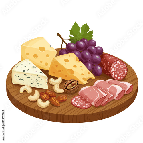 Illustration of a cold cuts board with cheese and grapes