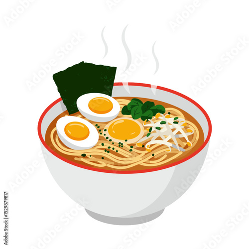Illustration of Ramen bowl with egg, nori and vegetables