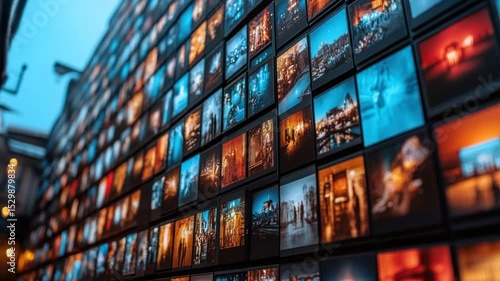 A wall of many small screens displaying various images