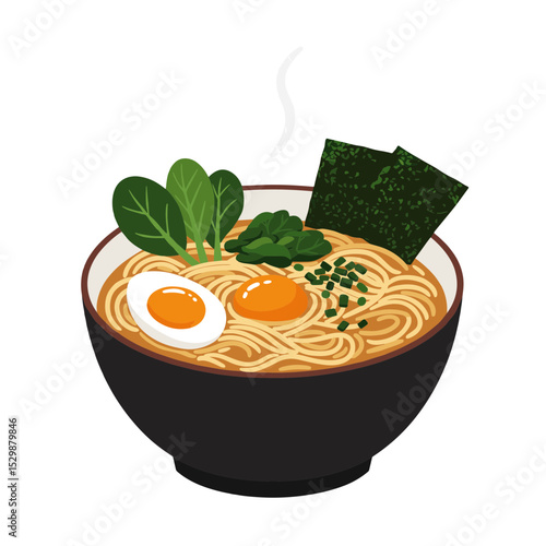 Illustration of Ramen bowl with egg, nori and vegetables