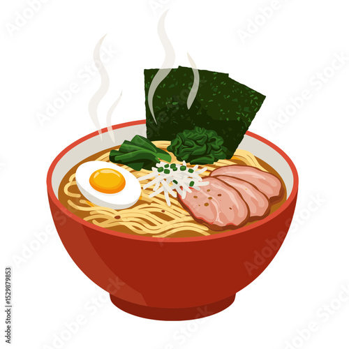 Illustration of Ramen bowl with egg, nori and vegetables