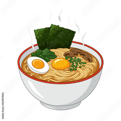 Illustration of Ramen bowl with egg, nori and vegetables