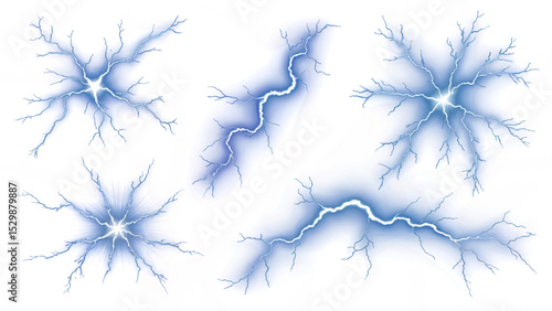 Collection of electric energy crack shapes in glowing blue tones with jagged lightning patterns, isolated on black background, ideal for VFX, gaming, or sci-fi illustrations