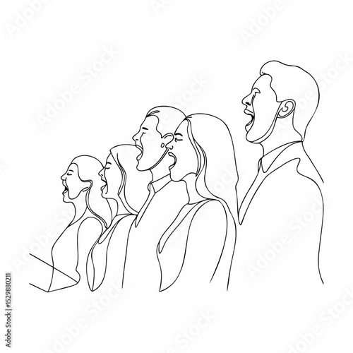Group of singers performing in a choir black line art illustration