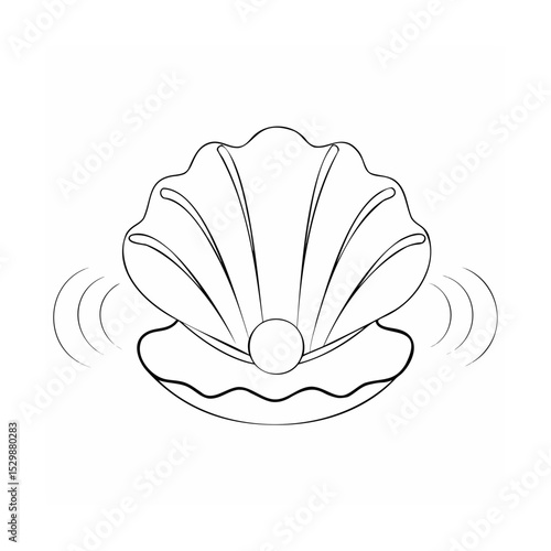 Simple black and white illustration of an open clamshell with a pearl and water waves