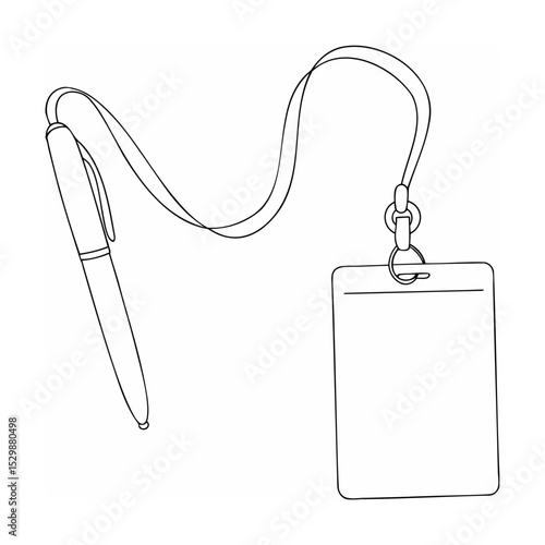 Simple outlined illustration of a pen and blank identification card on a lanyard for design
