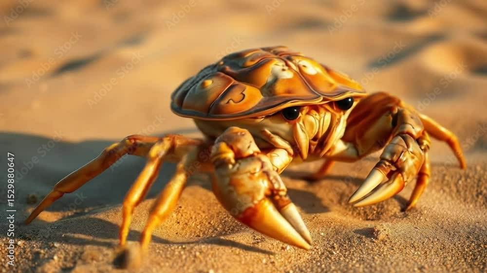 Sandy Encounter: A Detailed Portrayal of a Crab on Golden Coastline Shores Sandy Encounter: A Detailed Portrayal of a Crab on Golden Coastline Shores