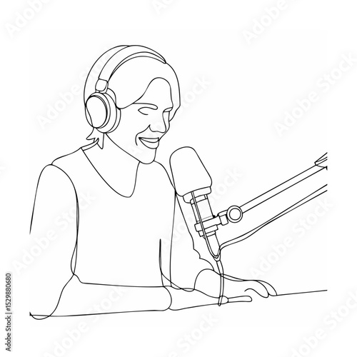 A continuous line drawing depicting a podcaster recording a podcast episode with headphones