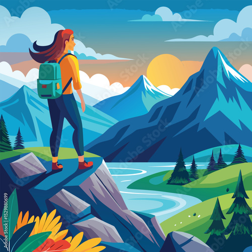 hiking in the mountains, mountain landscape with a woman, climbing mountains the traveler on the top
