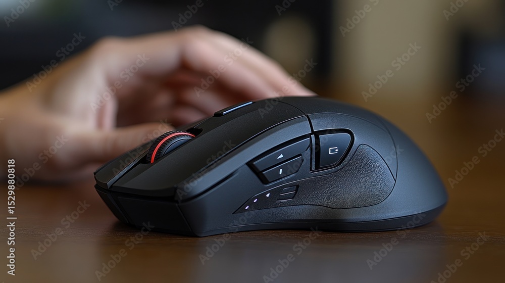Close-up of a hand using a black ergonomic computer mouse on a dark wooden desk. Close-up of a hand using a black ergonomic computer mouse on a dark wooden desk.