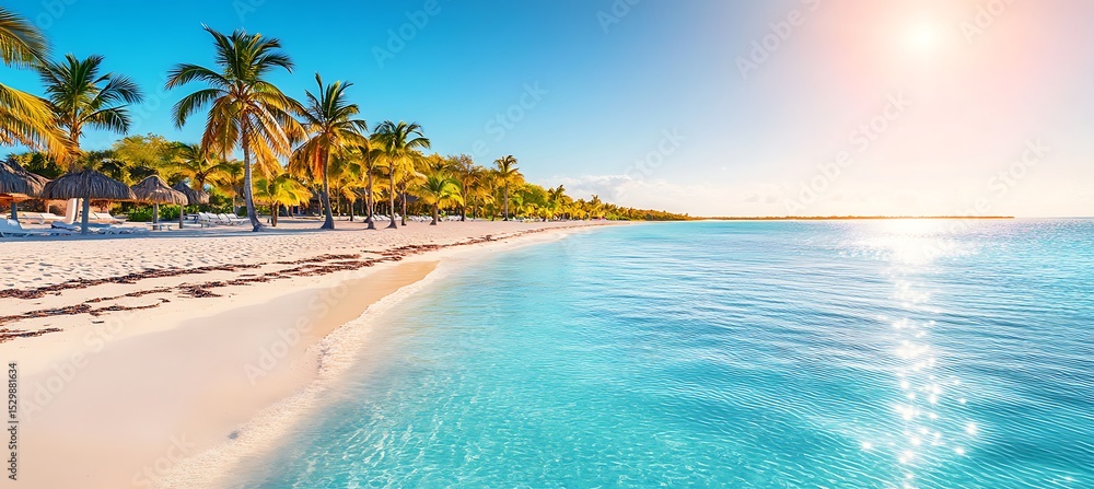 Fototapeta premium A vibrant tropical beach with palm trees and a clear blue ocean
