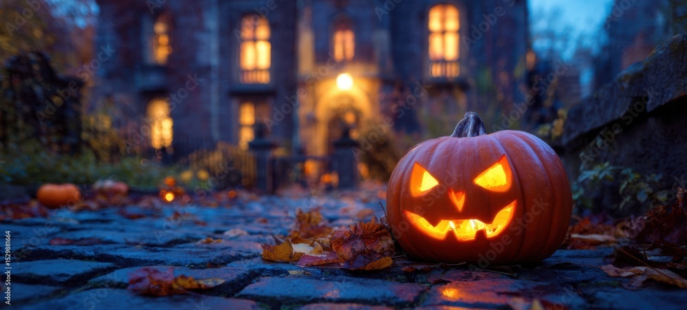 The glowing jack-o'-lantern amidst a hauntingly beautiful Halloween backdrop. The glowing jack-o'-lantern amidst a hauntingly beautiful Halloween backdrop.