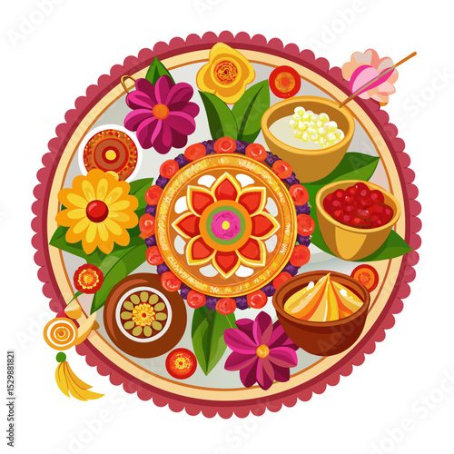 Decorative pooja thali adorned with flowers, sweets, and ribbons for Raksha Bandhan