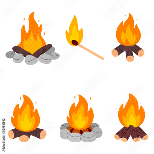 Collection of six fire-related icons including campfires with logs, stone rings and a burning match. Useful for camping design, survival guides and outdoor themes