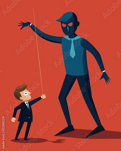 An unsuspecting victim their body moved like a marionette under the control of a mysterious figure behind them.. Vector illustration