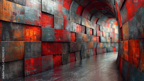 Fototapeta Naklejka Na Ścianę i Meble -  A stunning abstract tunnel with vibrant red and orange textures creates a unique visual impact, showcasing the interplay of colors and geometric patterns in modern design.