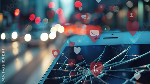 Cracked smartphone screen with distorted social media icons representing misinformation and digital deception, concept of fake news and online fraud in modern society.