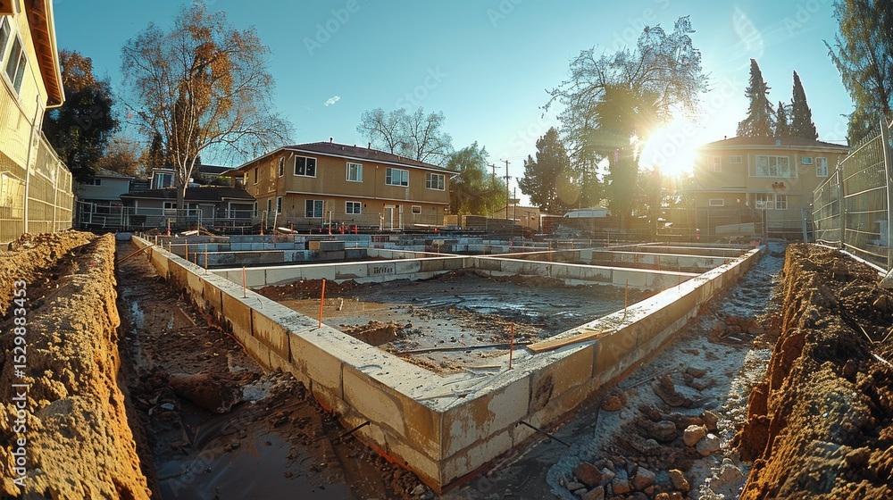 Fototapeta premium An image showcasing a construction site where foundations are being laid, illustrating the beginning of a new building project with a sunlit backdrop of urban development.