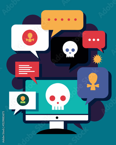 An online forum discussion turning into a toxic environment with speech bubbles filled with insults and personal attacks.. Vector illustration