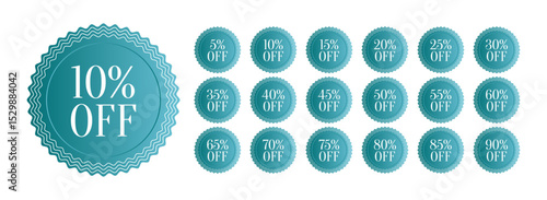 Vector set of discount badges from 5% to 90% off in teal color with wavy borders, ideal for promotions, sales, marketing materials, and e-commerce banners.