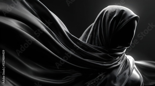 A figure dressed in a dark, flowing garment stands still, the fabric billowing dramatically. Soft light highlights the contours of the drapery, creating an aura of mystery in the dark setting.