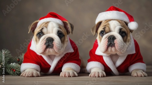 cute bulldog puppy dog ​​dressed in a Christmas costume, bright background