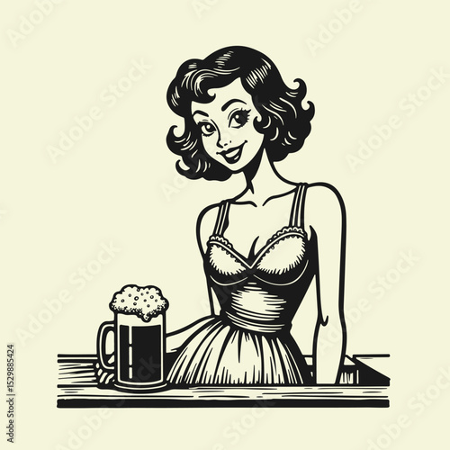 Black and white flat vector illustration of a sexy female bartender with deep neckline serving beer in a glass mug at the bar. Vintage logo-style, ideal for pub or Oktoberfest design.