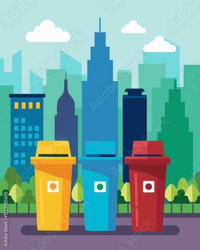 A city skyline with colorcoded bins lining the streets making it easy for residents to properly dispose of their waste.. Vector illustration