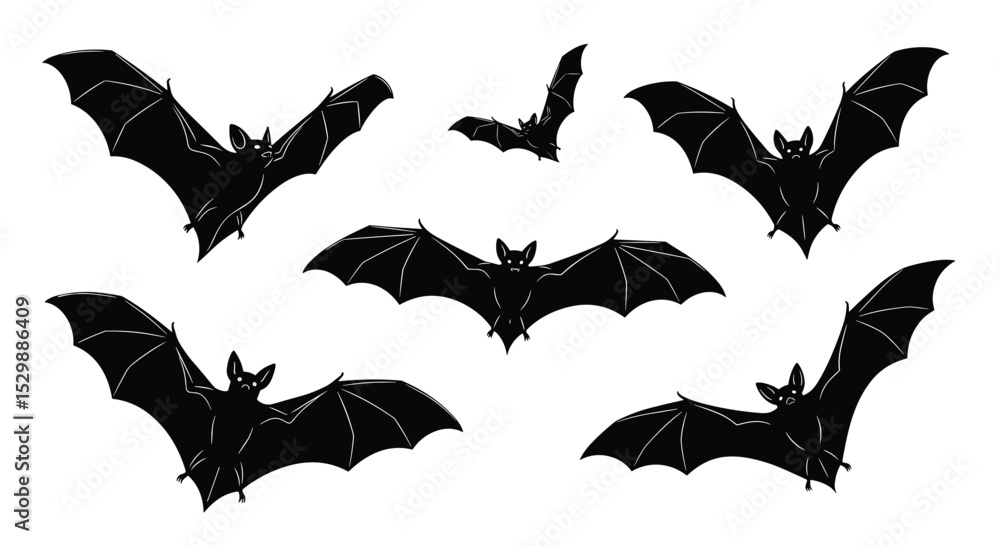 Naklejka premium Seven Silhouetted Halloween Bats In Flight Spooky and Dark Creepy Holiday