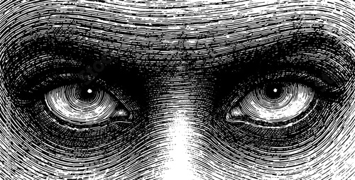 Intense and Suspicious Human Eyes in Woodcut Style, Representing an Expressive Gaze with Dramatic Texture