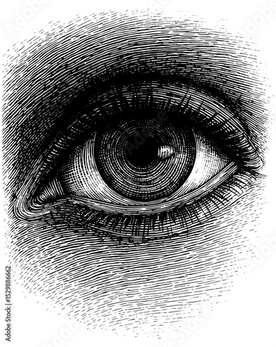Human eye detailed vintage engraving, introspective gaze, representing perception, black and white detailed background