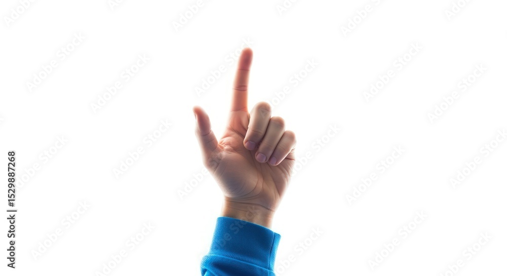 A hand with a blue sleeve pointing upwards against a bright white background in a studio setting